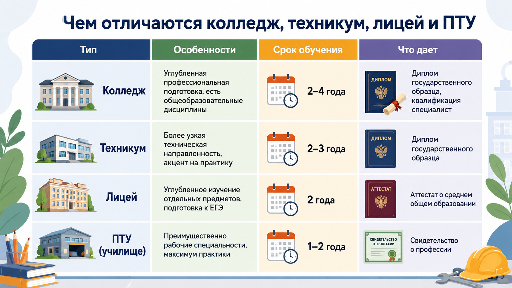 Чем отличаются колледж, техникум, лицей и ПТУ